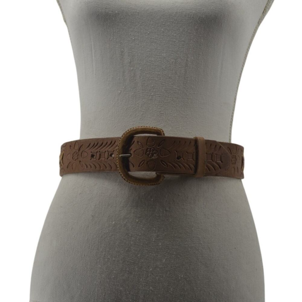 Western Leather Belt Tooled Stitched Brown Cowboy Size 28